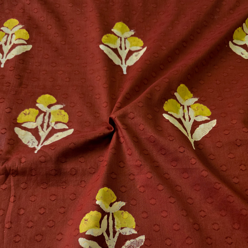 Pure Cotton Doby Dabu Brown With Mustard And Cream Big Flower Motifs Hand Block Print Fabric