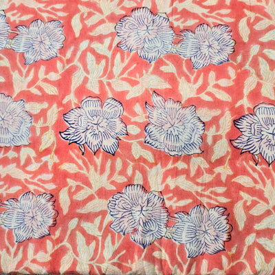 Pure Cotton Jaipuri Peach With White Wild Flower Hand Block Print Fabric