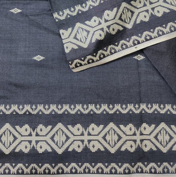 ( Pre-Cut 2 Meter ) Pure Mul Cotton Soft Jamdani  Bluish Grey With White Intricate Design And White Small Flower  Hand Woven Fabric