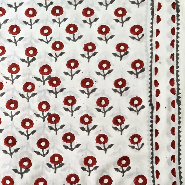 Pure Cotton White With Maroon Grey Flower Bud With Border Hand Block Print Fabric
