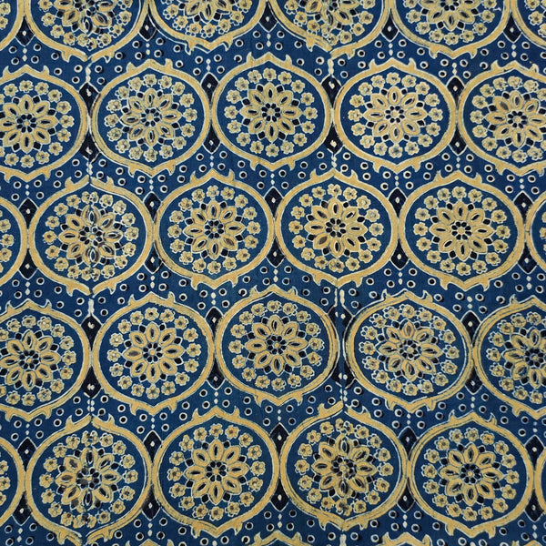 Pure Cotton Ajrak Blue With Green Intricate Design Motif Hand Block Print Fabric