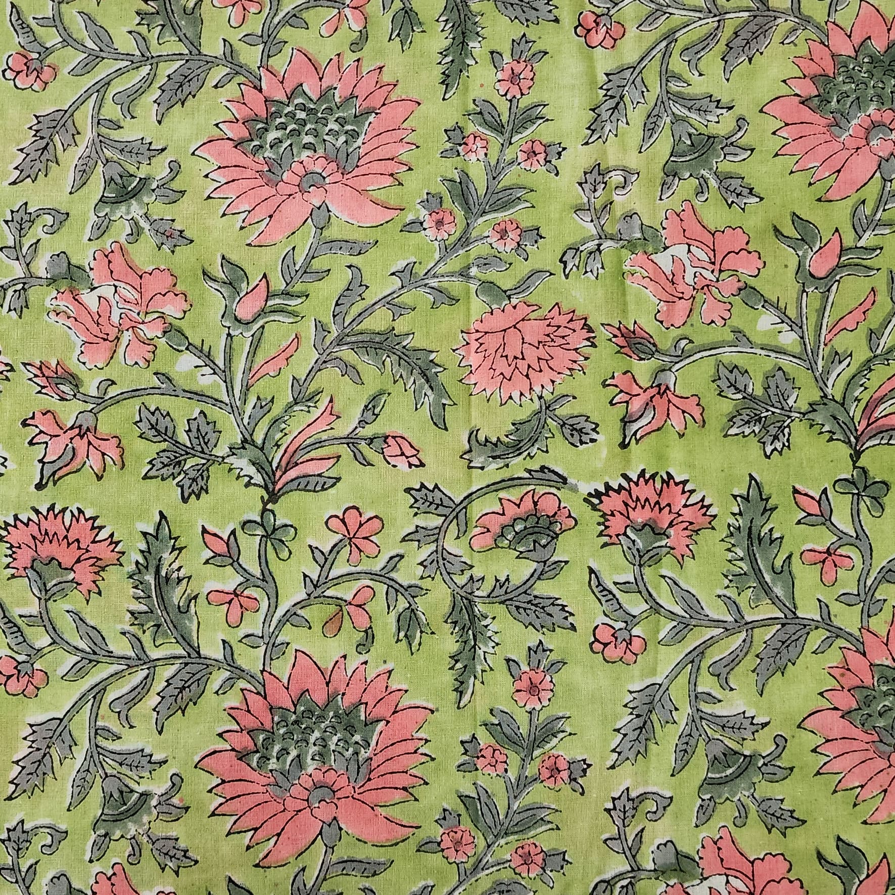 Per Cut (0.90 Meter) Pure Cotton Jaipuri Light Green With Pink Flower ...