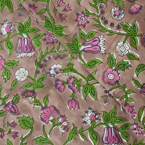 (PRE-CUT 1.45 METER) Pure Cotton Jaipuri Brown With Pink Small Flowers Green Leaves Creeper Jaal Hand Block Print Fabric