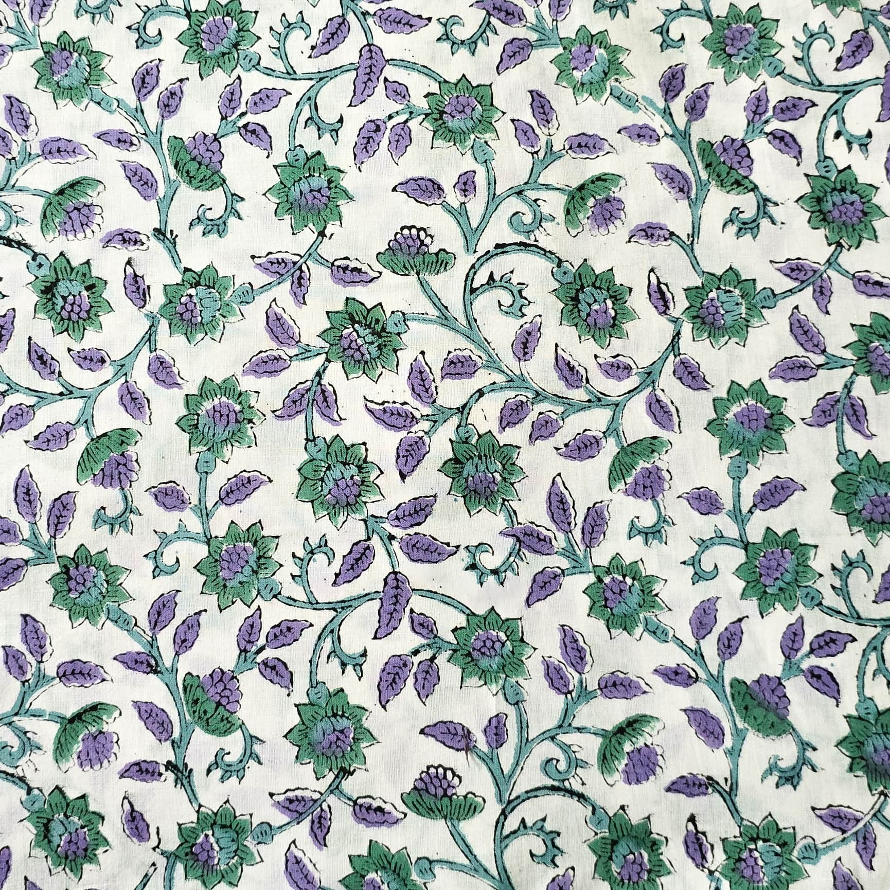 Pure Cotton Jaipuri White With Purple Small Flowers And Green Creeper ...