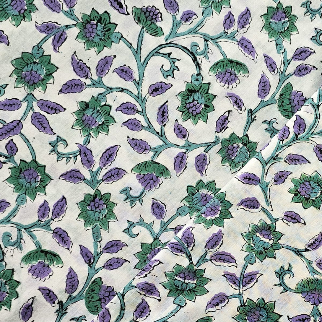 Pure Cotton Jaipuri White With Purple Small Flowers And Green Creeper ...