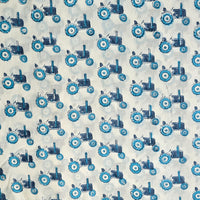 Pure Cotton Jaipuri White With Blue Tractor Hand Block Print Fabric
