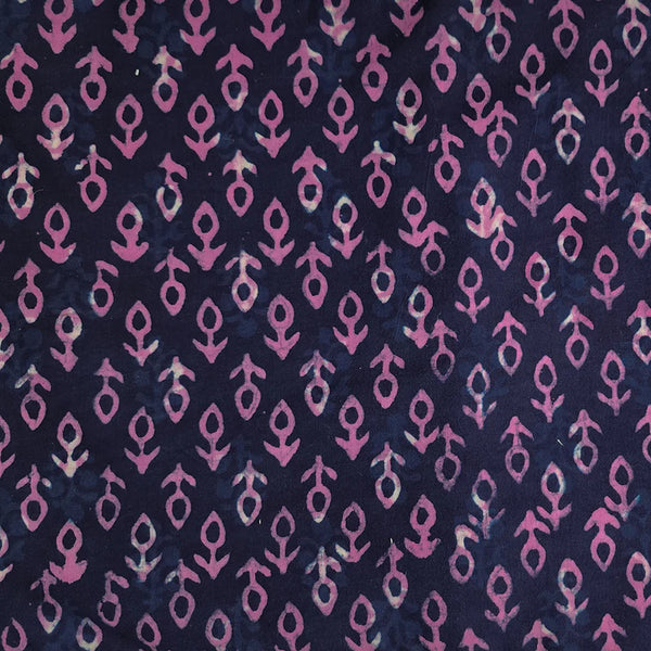 ( PRE-CUT 1.60 METER ) Pure Cotton Dabu Blue Purple With Pink Up And Down Tiny Motifs Hand Block Print Fabric