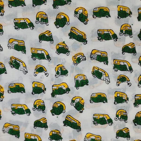 ( PRE-CUT 1.85 METER ) Pure Cotton Jaipuri White With Yellow And Green Auto Rickshaw Hand Block Print Fabric
