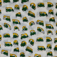 Pure Cotton Jaipuri White With Yellow And Green Auto Rickshaw Hand Block Print Fabric