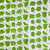 Pure Cotton Jaipuri White With Green Elephant Hand Block Print Fabric