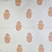 Pure Cotton Jaipuri White With Pink Yellow Hand Hamsa Hand Block Print Fabric