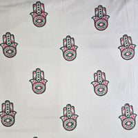 Pure Cotton Jaipuri White With Green Pink Hand Hamsa Hand Block Print Fabric