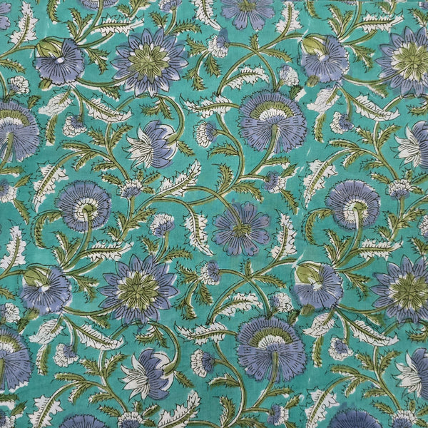 (Pre-Cut 0.80 Meter) Pure Cotton Jaipuri Light Blue Teal With Grey Purple Jaal Hand Block Print Fabric