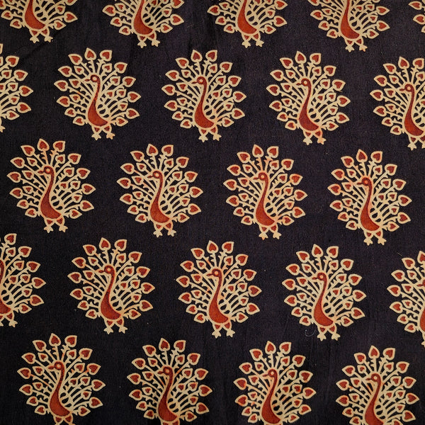 Pure Cotton Double Ajrak Black With Red Peacock Hand Block Print Fabric