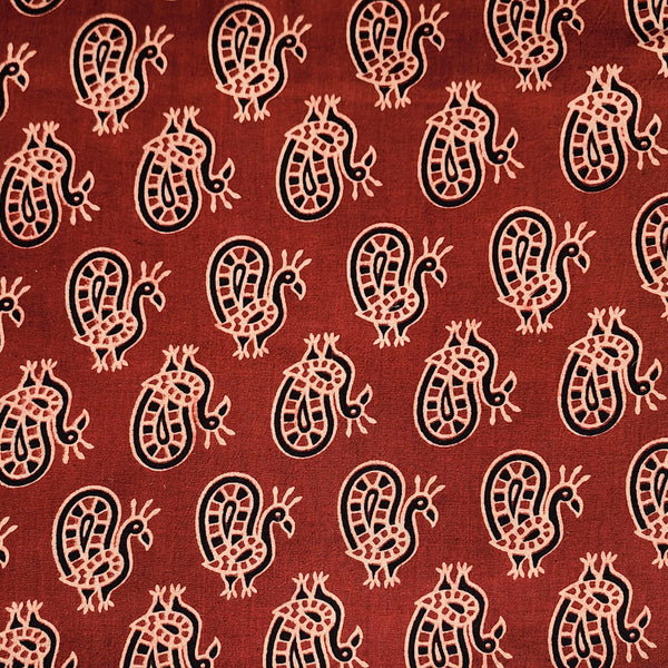 Pure Cotton Ajrak Red With Black Bird Motif Hand Block Print Fabric