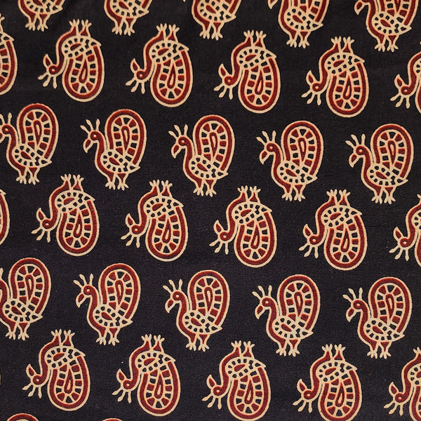 Pure Cotton Ajrak Black With Maroon Bird Motif Hand Block Print Fabric