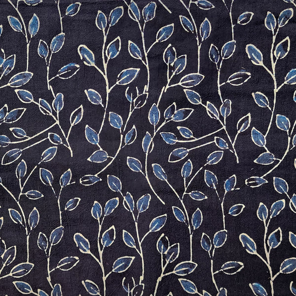 (PTE- CUT 1.50 METER) Pure Cotton Ajrak Black with Blue Leaves Jaal Hand Block Print Fabric