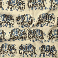 Pure Cotton Soft Kalamkari Cream With Blue and Green Elephant Motif Hand Block Print Fabric