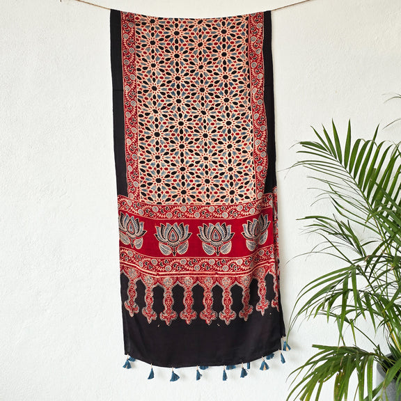 Modal Silk Ajrak Rust Red And Black Intricate Border Design Stole ...