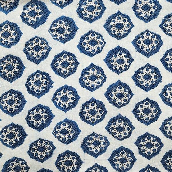 Pure Cotton Gad Ajrak Cream With Blue Flower Motif Hand Block Print Fabric