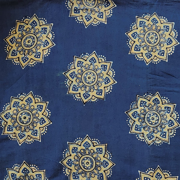 Pure Cotton Gad Ajrak Blue With Shade Of Green And Mustard Mandala Hand Block Print Fabric