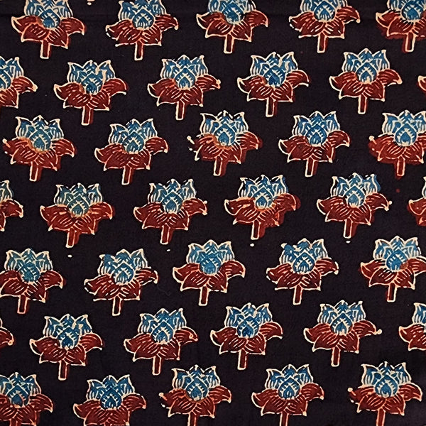 Pure Cotton Gad Ajrak Black With Blue And Red Flower Motif Hand Block Print Fabric
