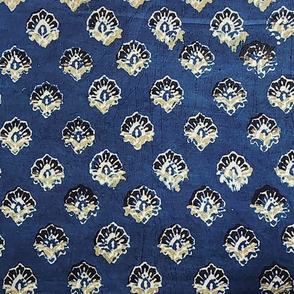 (Pre-Cut 0.95 Mreter) Pure Cotton Gad Ajrak Blue With Black  Flower Motif Hand Block Print Fabric