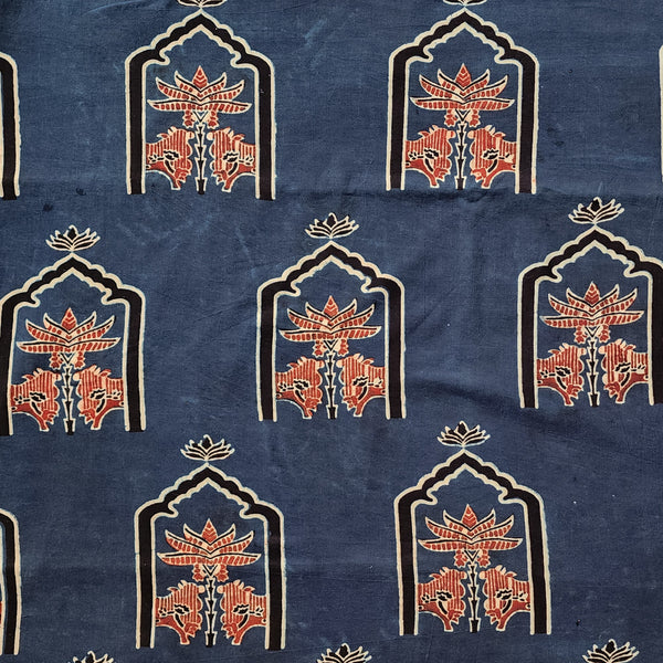 Pure Cotton Gad Ajrak Blue With Black And Red Big Window Motif Hand Block Print Fabric