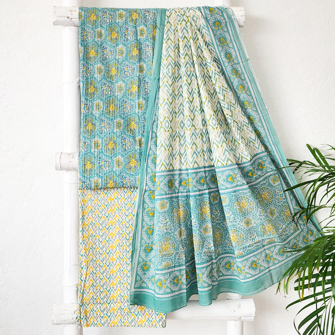BHAVYA-Pure Cotton Pintucks bluish green set – Sanskruti