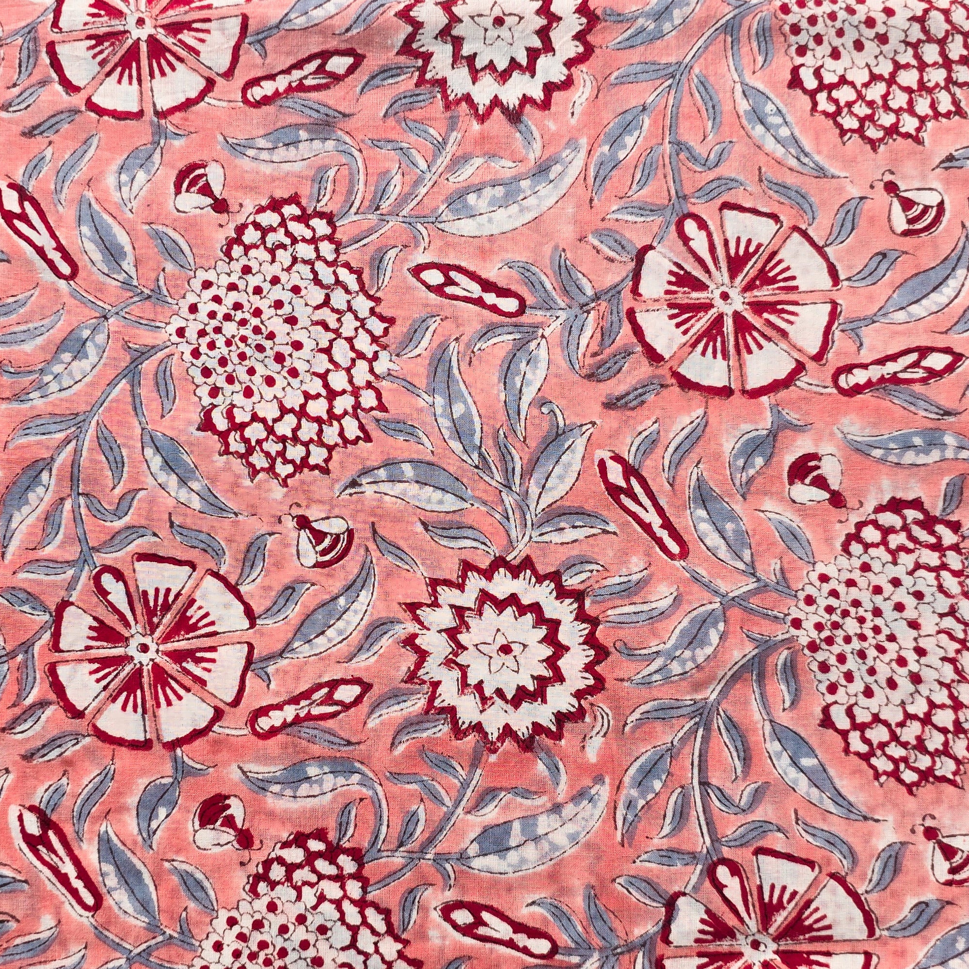 Pure Cotton Jaipuri Light Peach With Red And Light Grey Flower Jaal Ha ...