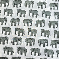 Pure Cotton Jaipuri White With Grey Elephant Hand Block Print Fabric
