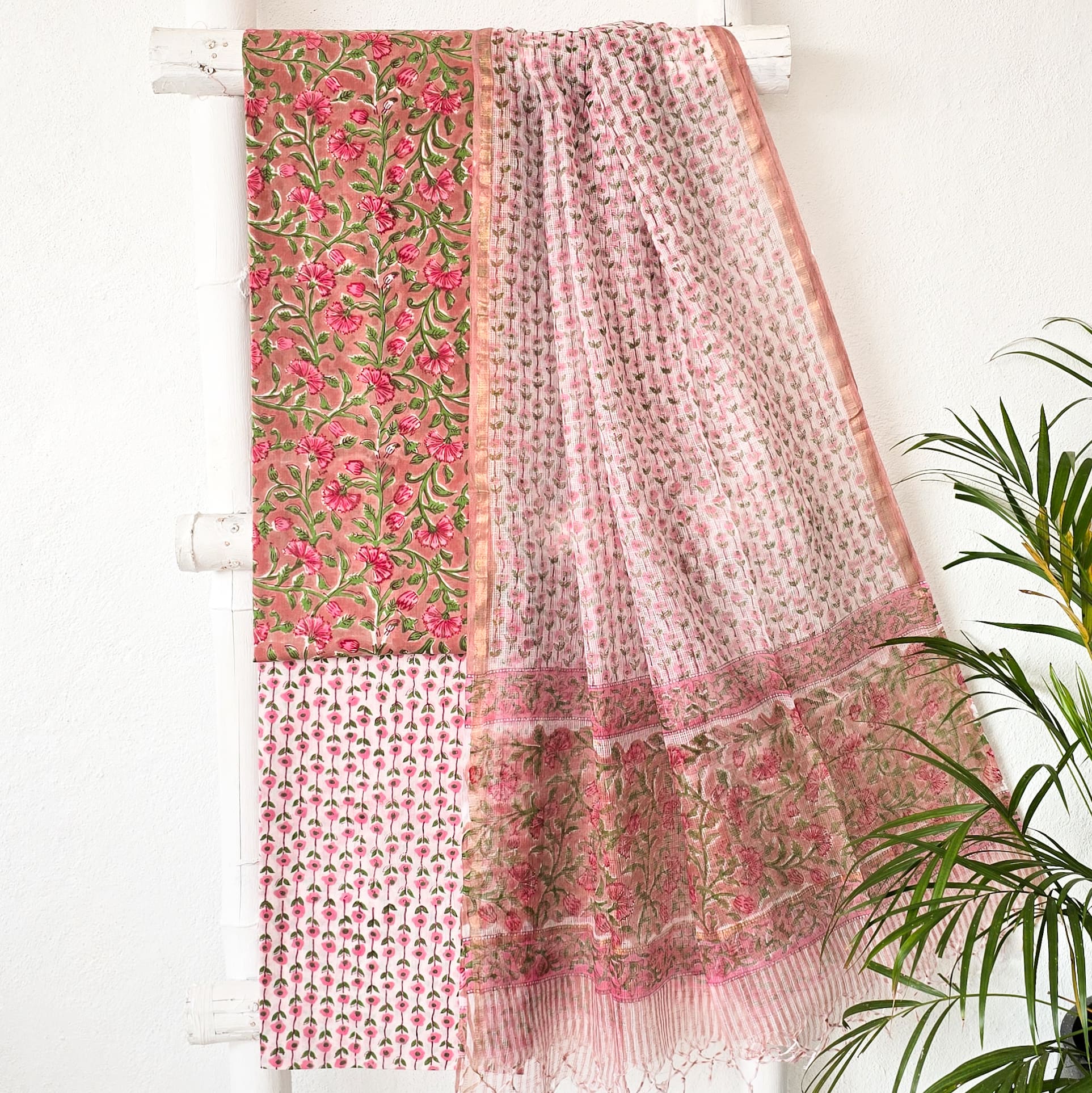 ROZANA - Pure Cotton Jaipuri Light Brown With Pink Flower Jaal Suit ...