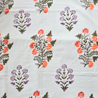 Pure Cotton Jaipuri White With Orange And Purple  Big Flower Motif Hand Block Print Fabric