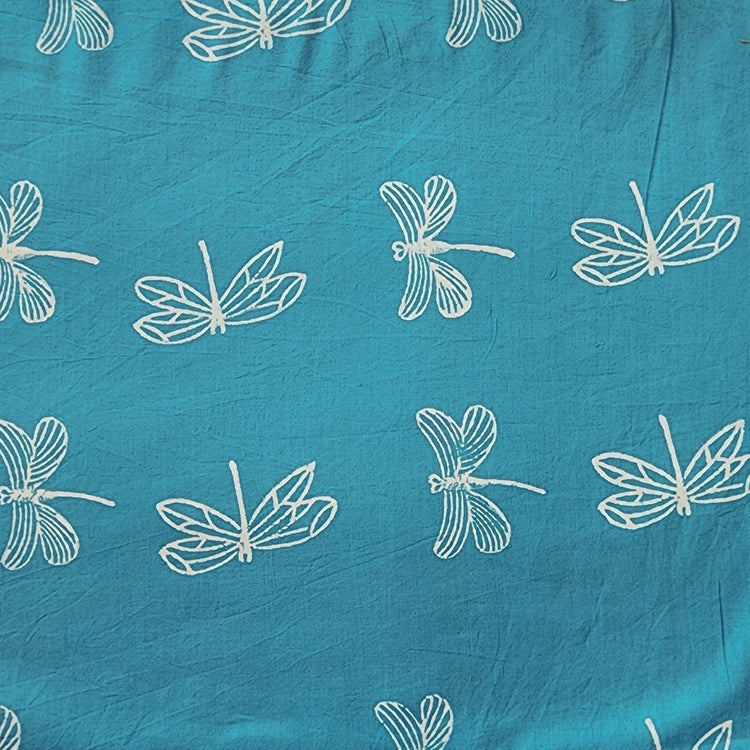Pure Cotton Discharge Blue With White Dragon Fly All Over Hand Block P ...