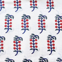 Pure Cotton Jaipuri White With Blue And Red Flower Plant  Motif Hand Block Print Fabric