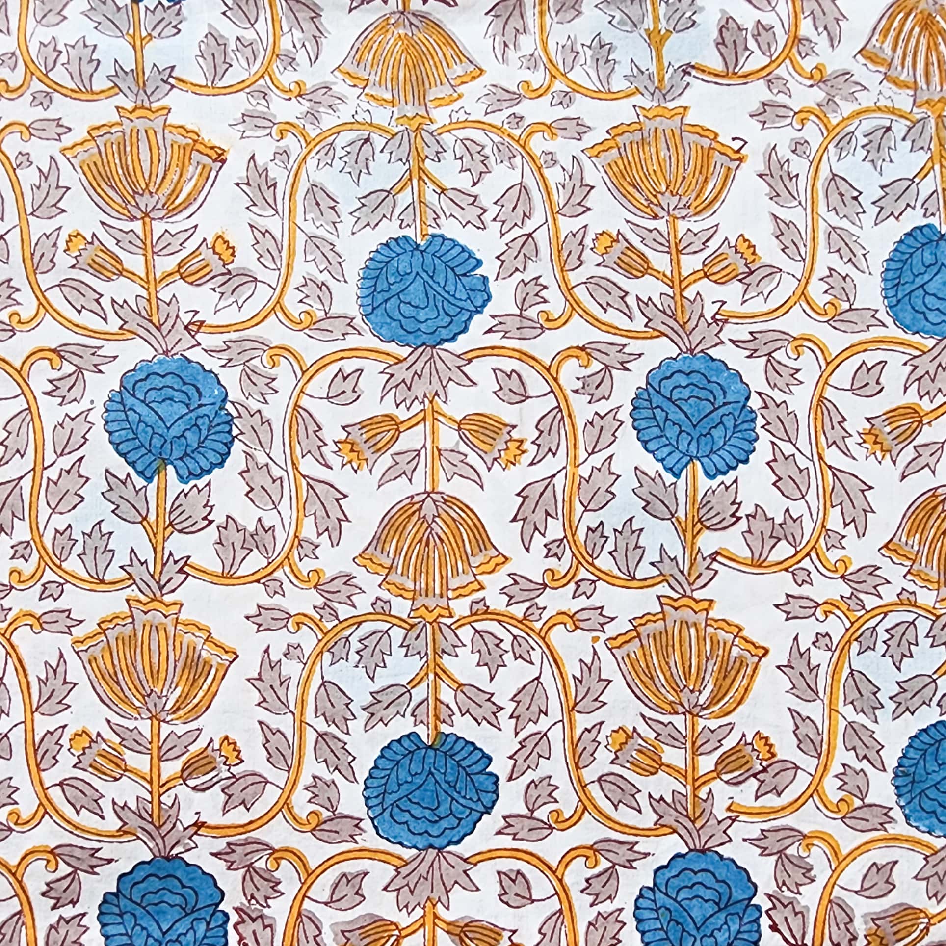 Pure Cotton Jaipuri White With Yellow And Blue Up And Down Motif Desig ...