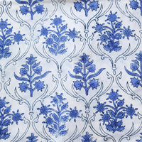 Pure Cotton Jaipuri White With Blue  Intricate Flower Design Hand Block Print Fabric