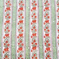 Pure Cotton Jaipuri White WithGreen Border Stripes And Orange Tiny Flower Creeper Hand Block Print Fabric
