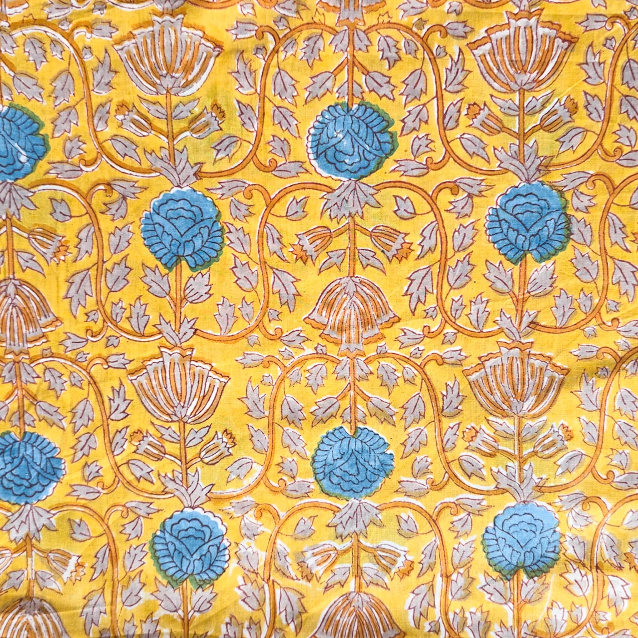Pure Cotton Jaipuri Yellow With Blue Up And Down Motif Design Hand Blo ...