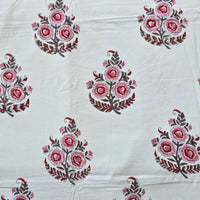 Pure Cotton Jaipuri White With Pink And Red Big Flower Motif Hand Block Print Fabric