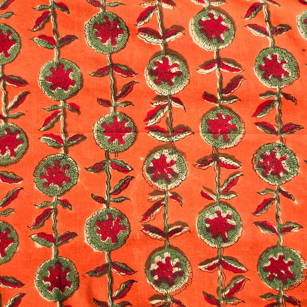 ( Pre-Cut 1.87 Meter ) Pure Cotton Jaipuri Orange With Red And Green Flower Creeper Hand Block Print Fabric