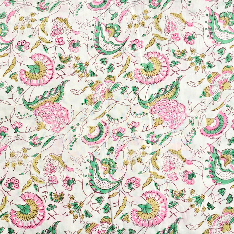 ( PRE-CUT 1.84 METER ) Pure Cotton Jaipuri White With Pink Flower Jaal ...