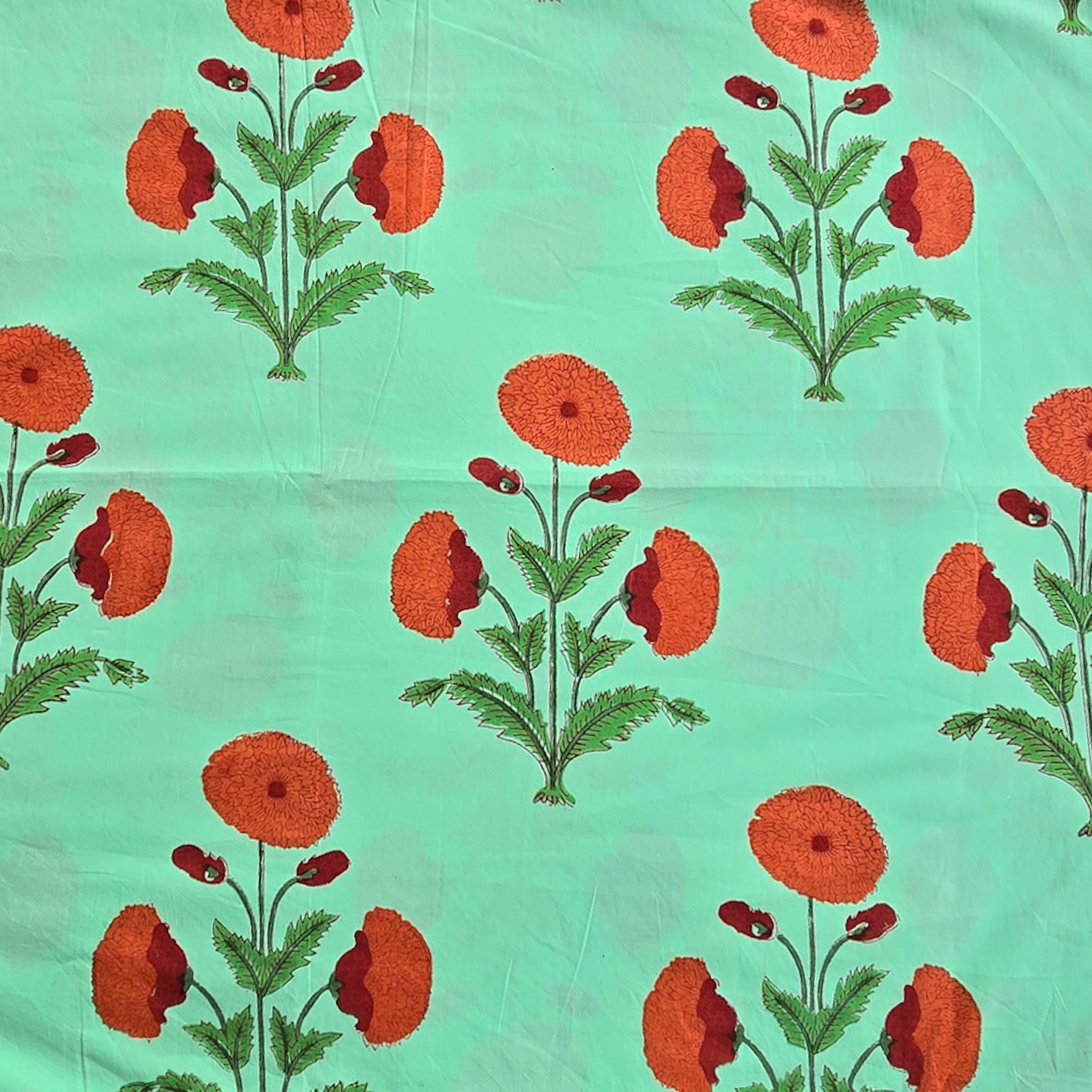 Pure Cotton Jaipuri Radium Green With Orange Flower Big Motif Hand Blo ...
