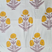 Pure Cotton Jaipuri White With Yellow Big Flower Plant  Motif Hand Block Print Fabric