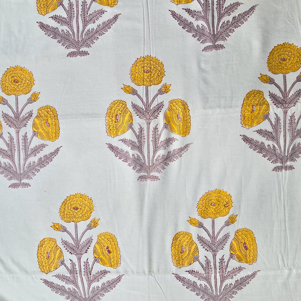 (PRE-CUT 2.10 METER) Pure Cotton Jaipuri White With Yellow Big Flower Plant  Motif Hand Block Print Fabric