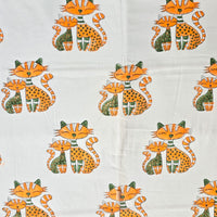Pure Cotton Jaipuri White With Orange And Green Mom With Baby Kitten Hand Block Print Fabric