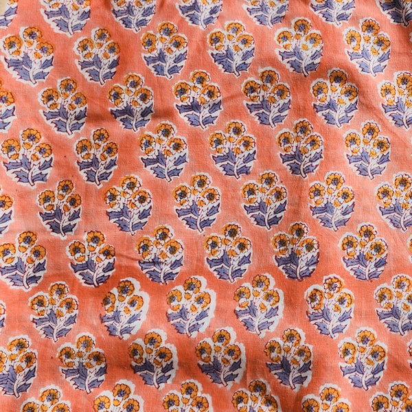 ( Pre-Cut 1.64 Meter) Pure Cotton Jaipuri Dark Peach With Orange Flower Motif Hand Block Print Fabric