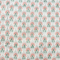 Pure Cotton Jaipuri White With Green With Peach Flower Motif With Creeper Hand Block Print Fabric