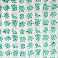 Pure Cotton Jaipuri White With Sea Green Elephant Motif Hand Block Print Fabric