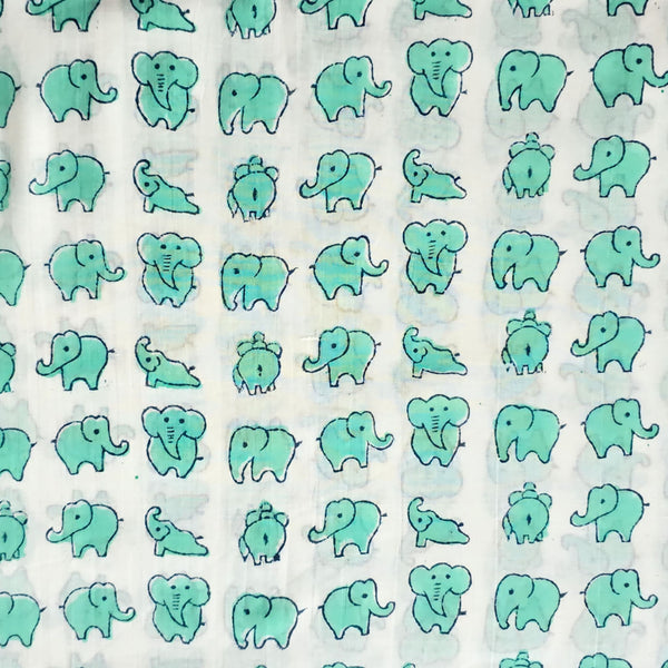 ( Pre-Cut 1.80 Meter ) Pure Cotton Jaipuri White With Sea Green Elephant Motif Hand Block Print Fabric
